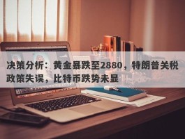 决策分析：黄金暴跌至2880，特朗普关税政策失误，比特币跌势未显