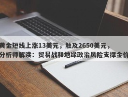 黄金短线上涨13美元，触及2650美元，分析师解读：贸易战和地缘政治风险支撑金价