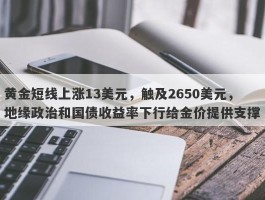 黄金短线上涨13美元，触及2650美元，地缘政治和国债收益率下行给金价提供支撑