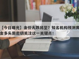 金价大跌将至？知名机构预测黄金多头需密切关注这一关键点！